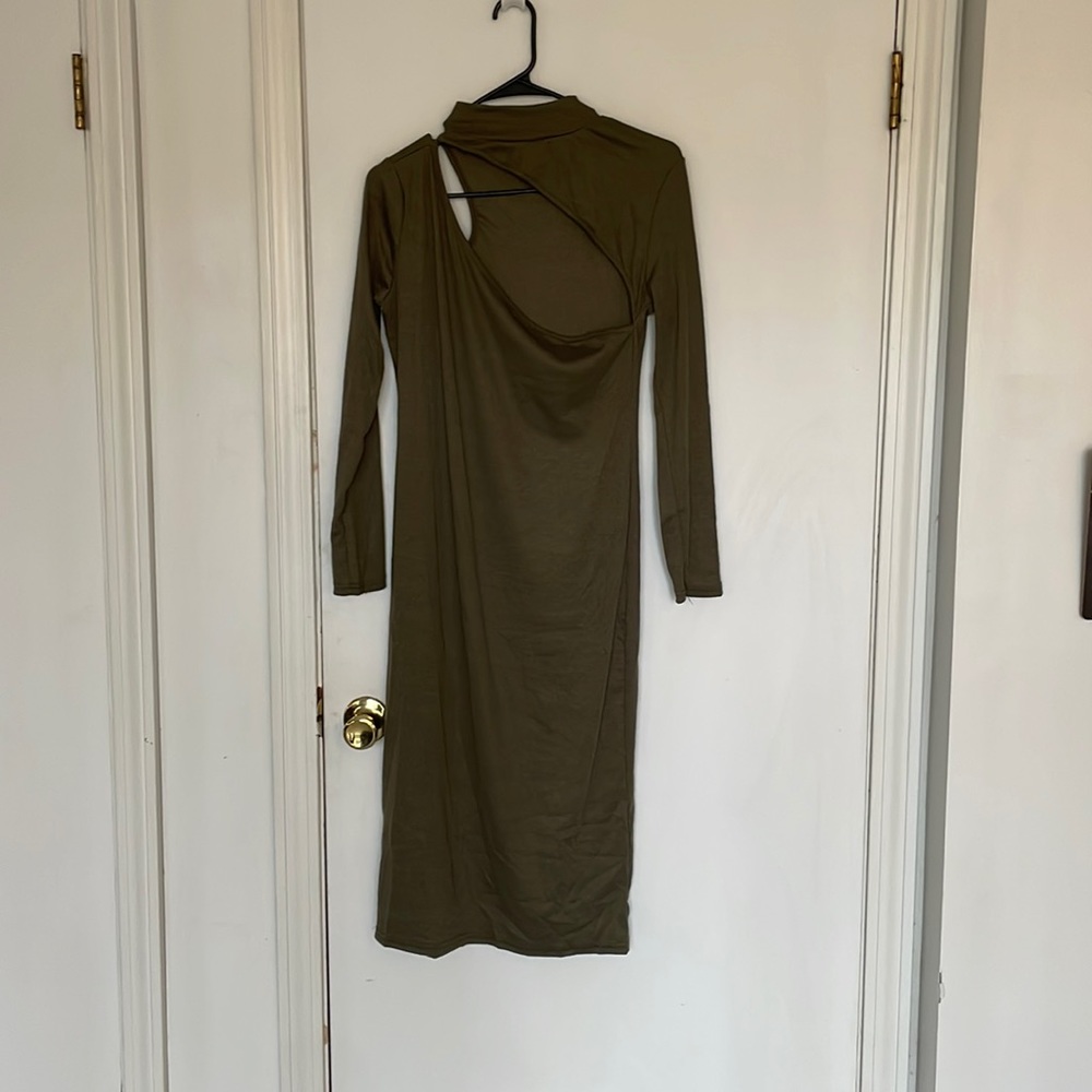Army Green Sweater Cut Out Neck Dress